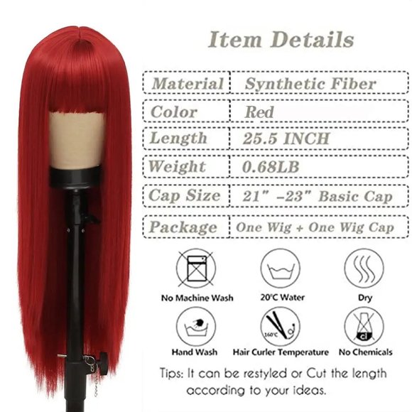 Red Long Straight Cosplay Hair Wig with Bangs - Picture 2 of 3